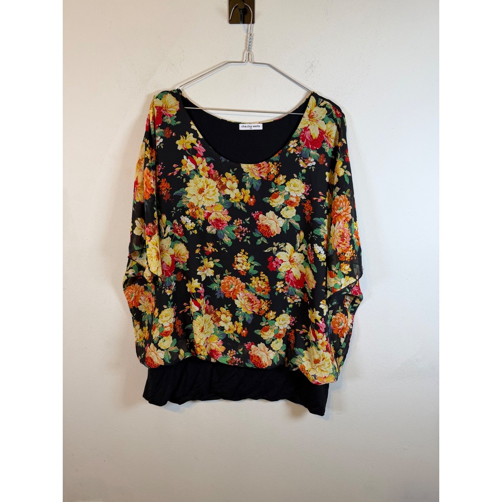 cha cha vente Womens Blouse Floral Layered Chiffon Black 1X